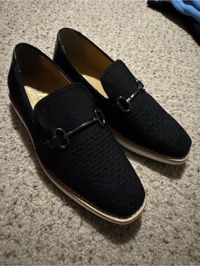 Kids Black Knit Slip-On Dress Loafers with Metal Bit